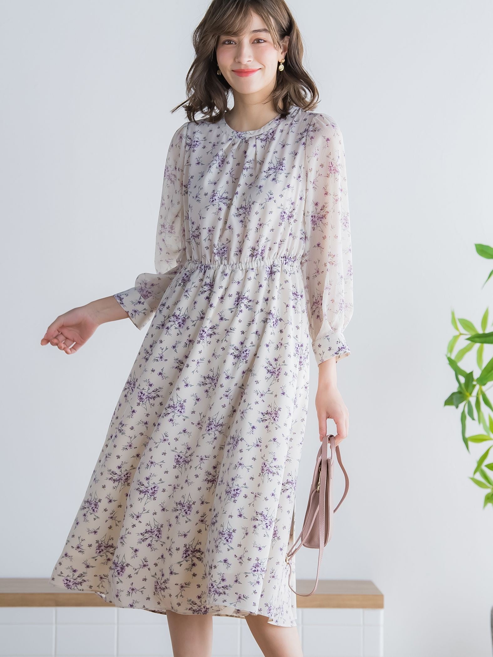 花柄シフォンワンピース ≪洗濯機で洗える≫