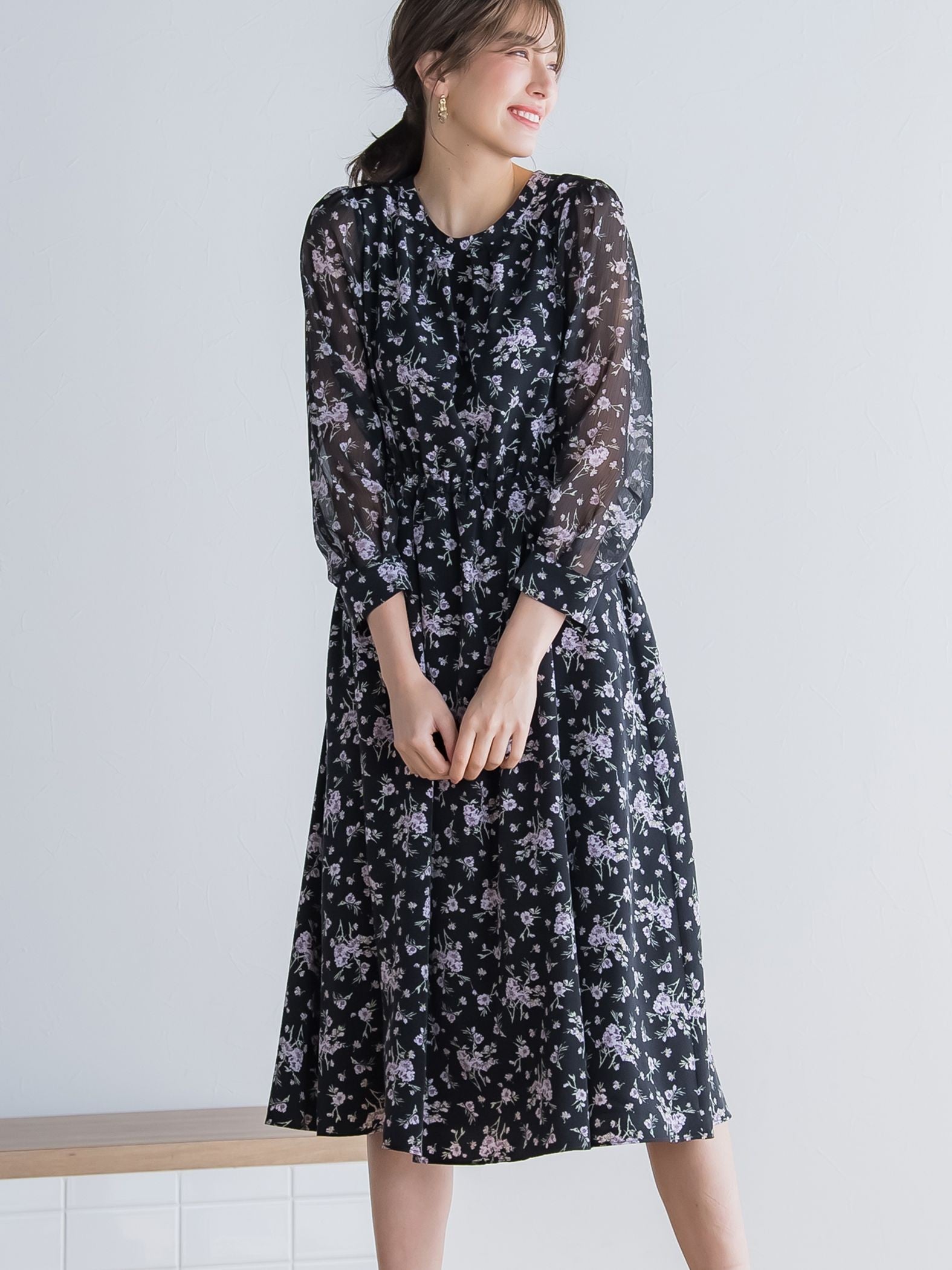 花柄シフォンワンピース ≪洗濯機で洗える≫