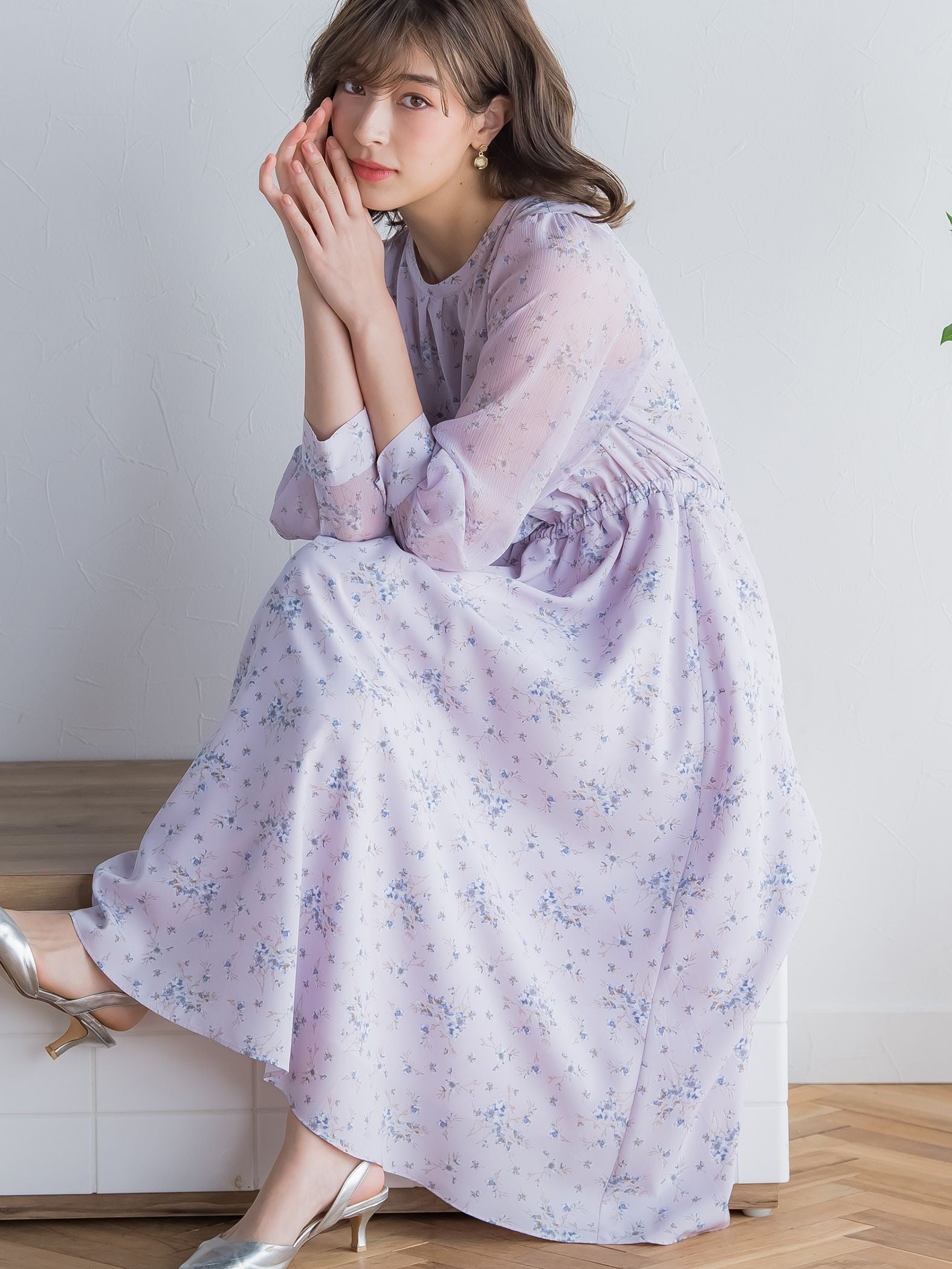 花柄シフォンワンピース ≪洗濯機で洗える≫