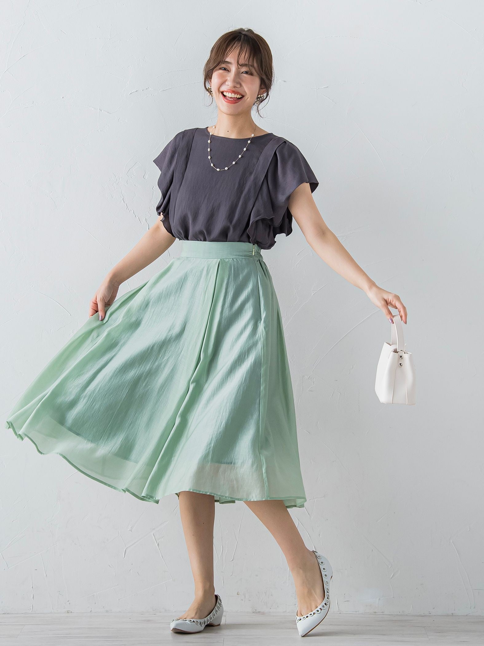 【低身長向けプチサイズ】タックフレア女優スカート ≪洗濯機で洗える≫