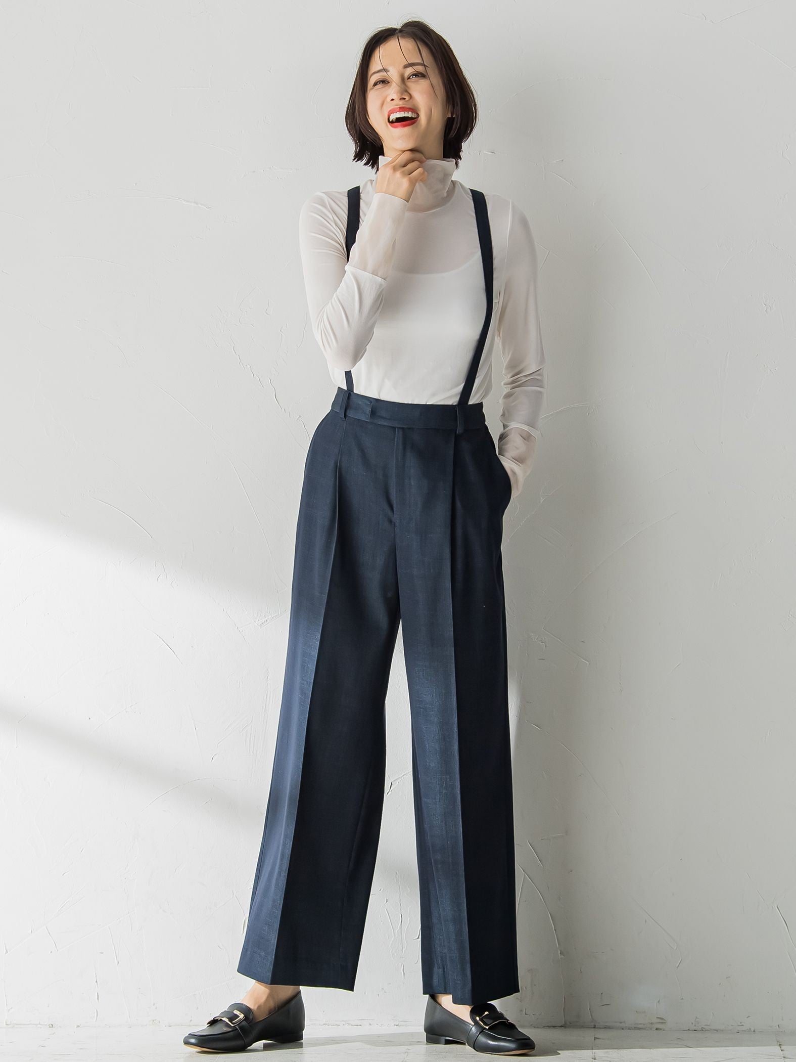 【おとなデニム】サスペンダー付きワイドパンツ≪洗える≫