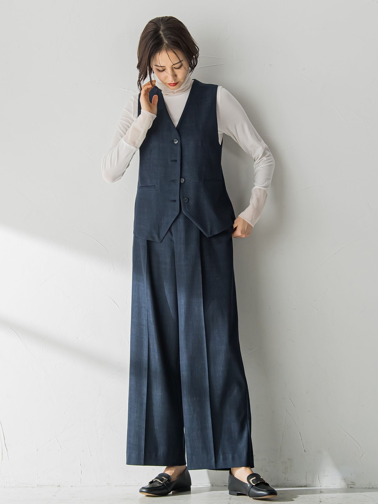 【おとなデニム】サスペンダー付きワイドパンツ≪洗える≫