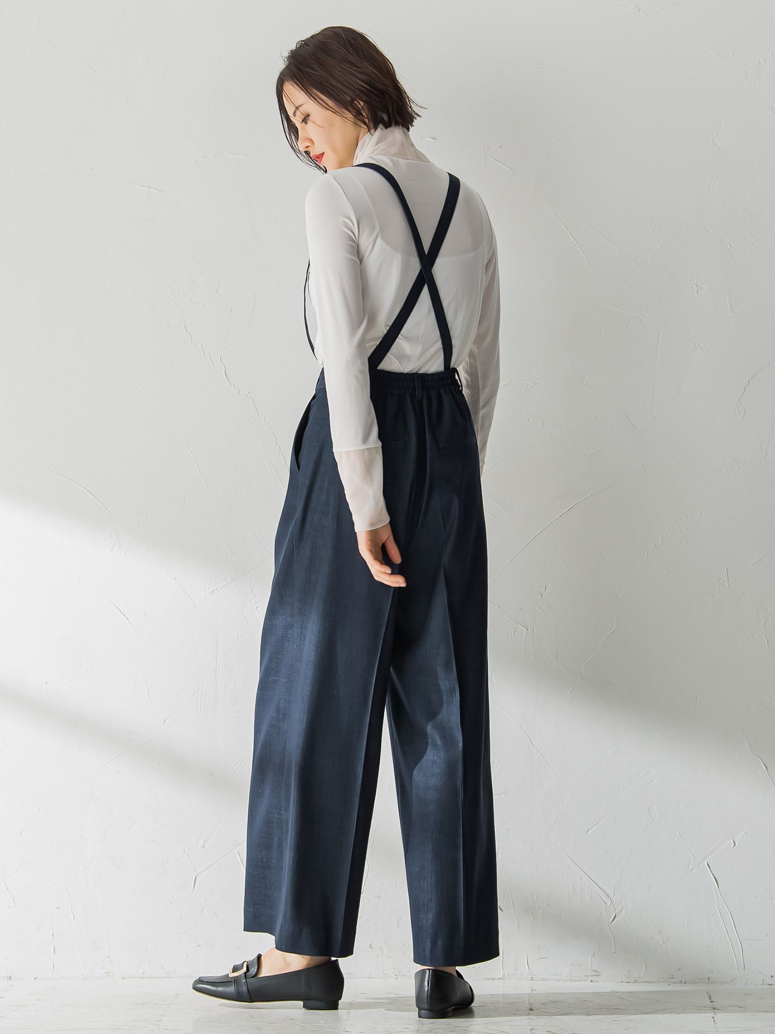 【おとなデニム】サスペンダー付きワイドパンツ≪洗える≫