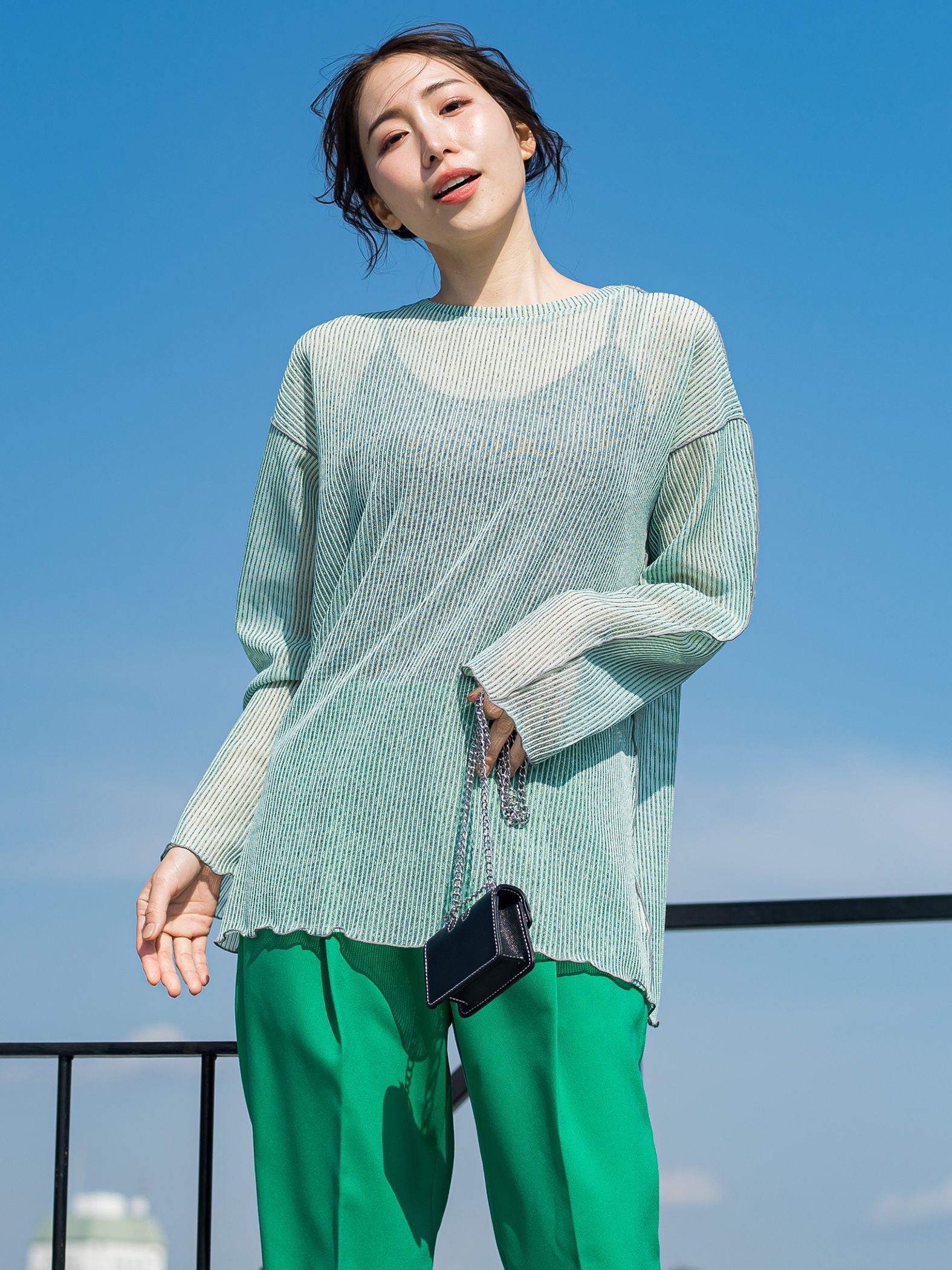 【コーディネートにこなれ感をプラス】ストライプシアーTシャツ《手洗い可能》