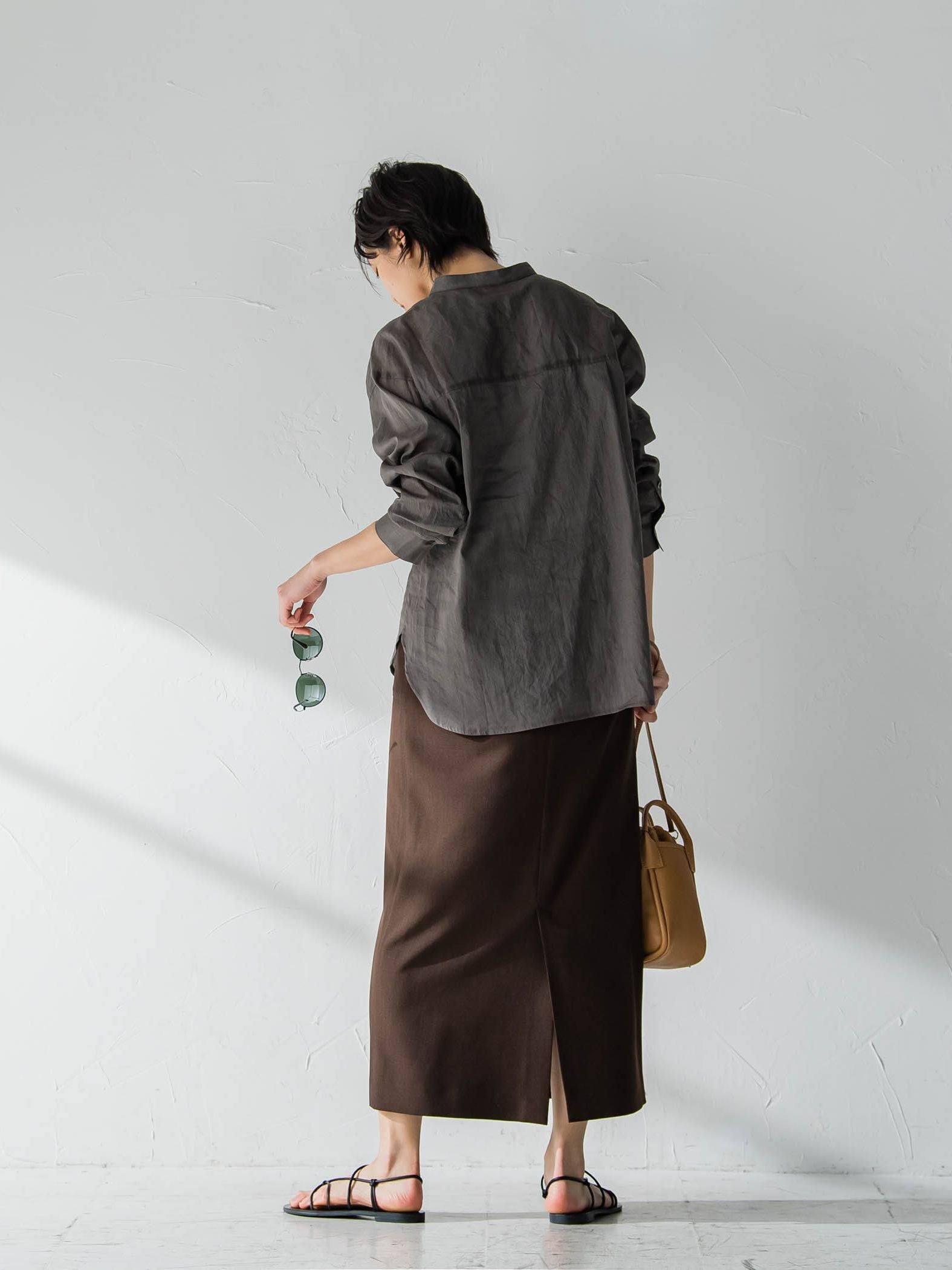 麻ブレンドシアーバンドカラーシャツ≪洗濯機で洗える≫