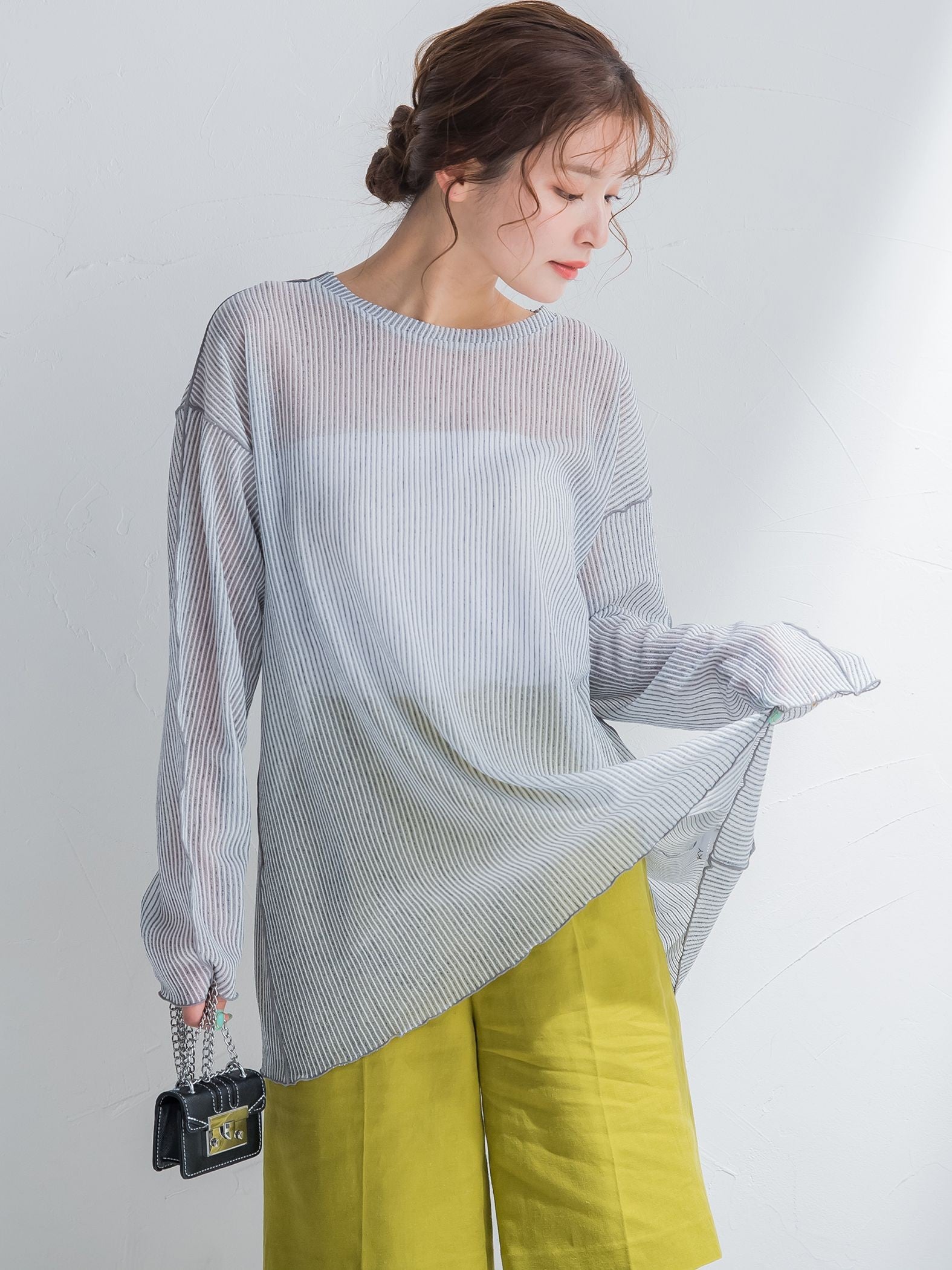 【コーディネートにこなれ感をプラス】ストライプシアーTシャツ《手洗い可能》