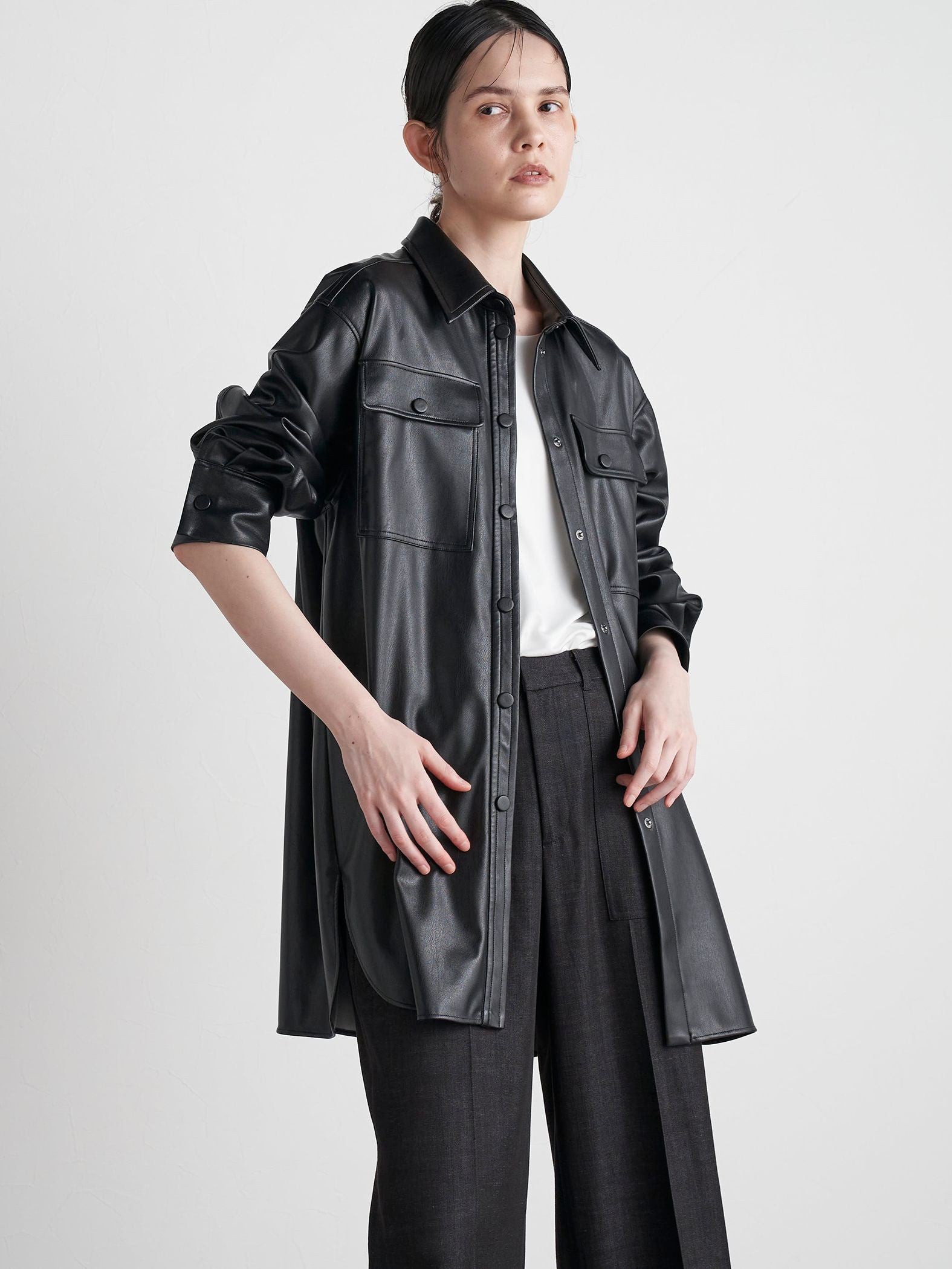 【VEAGAN LEATHER】オーバーサイズレザーCPOシャツジャケット≪サスティナブル≫
