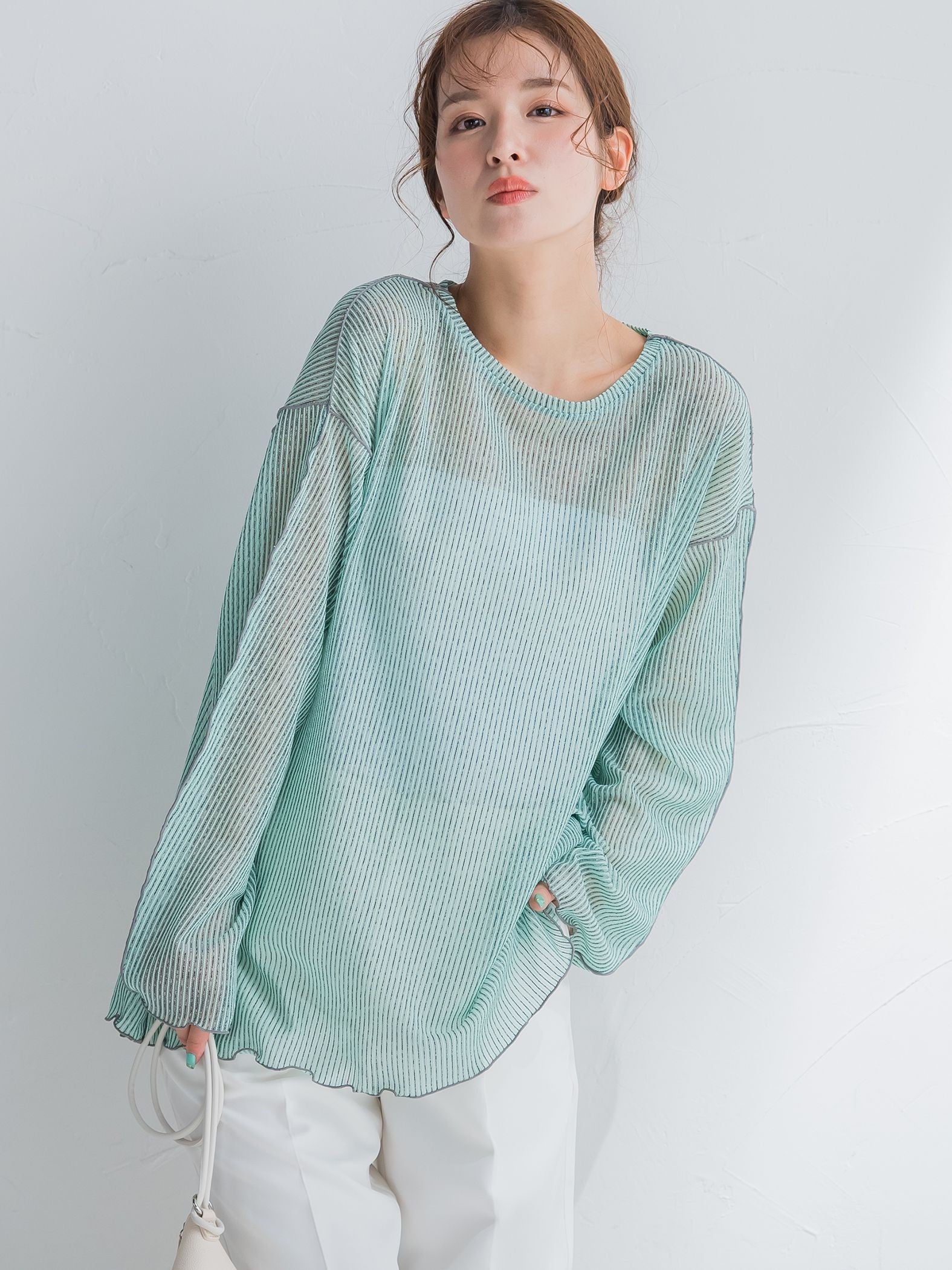 【コーディネートにこなれ感をプラス】ストライプシアーTシャツ《手洗い可能》