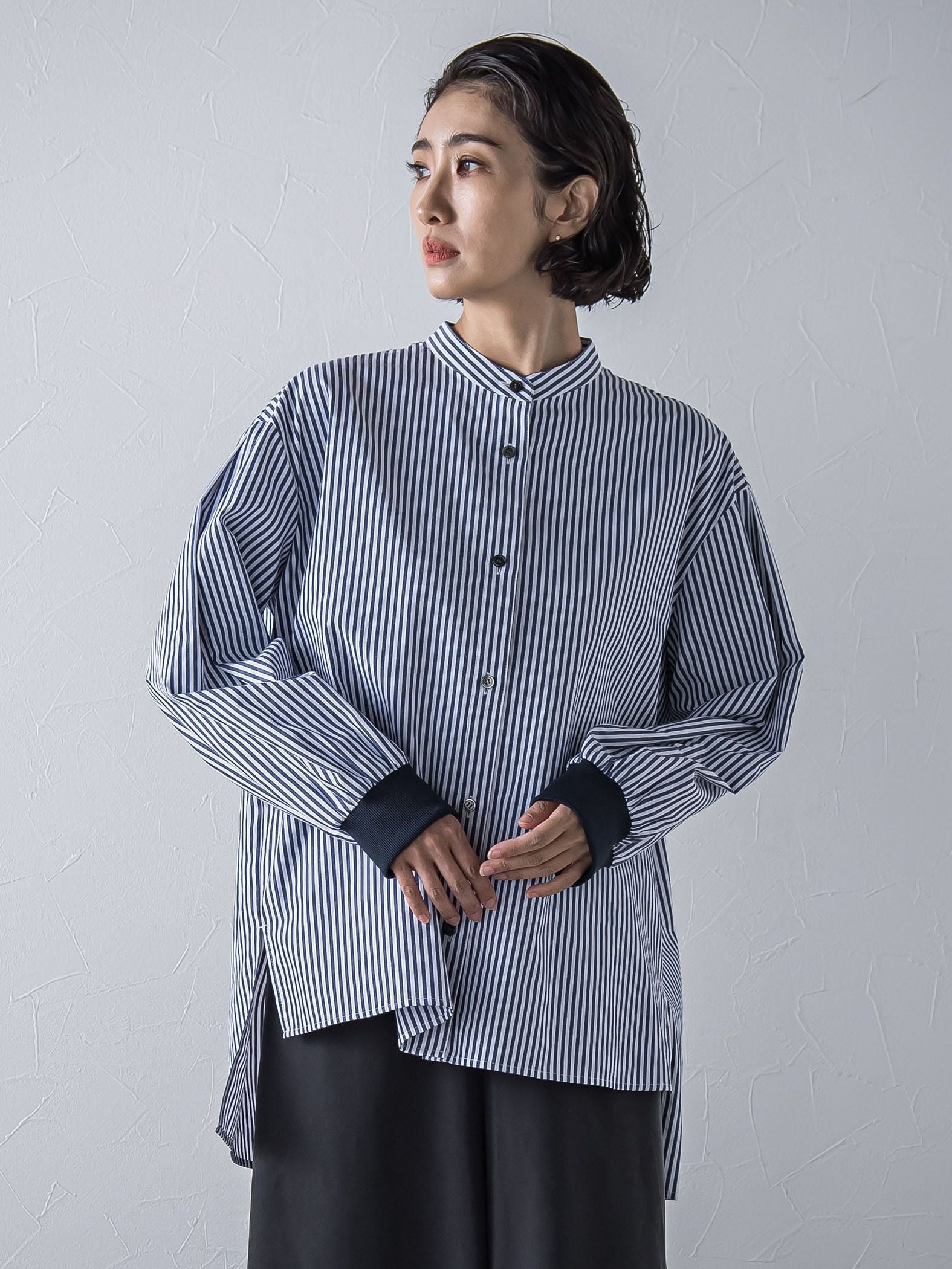 【大きいサイズ】【biyori/極】”こなれ袖がポイント”バンドカラーシャツ