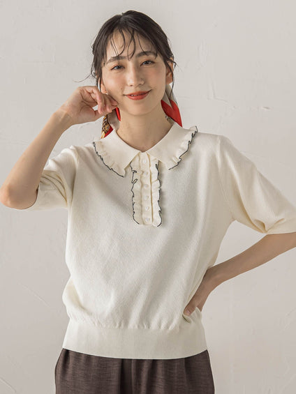 鹿の子編み配色フリルポロニットプルオーバー