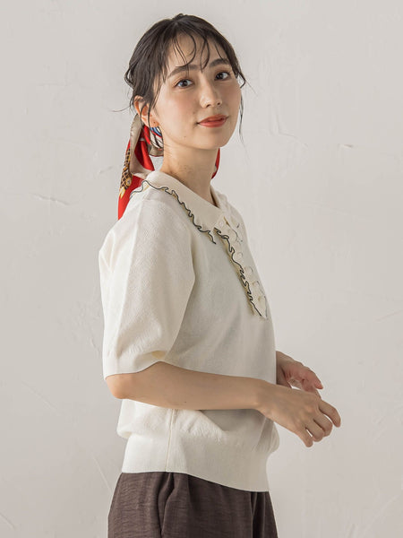 鹿の子編み配色フリルポロニットプルオーバー