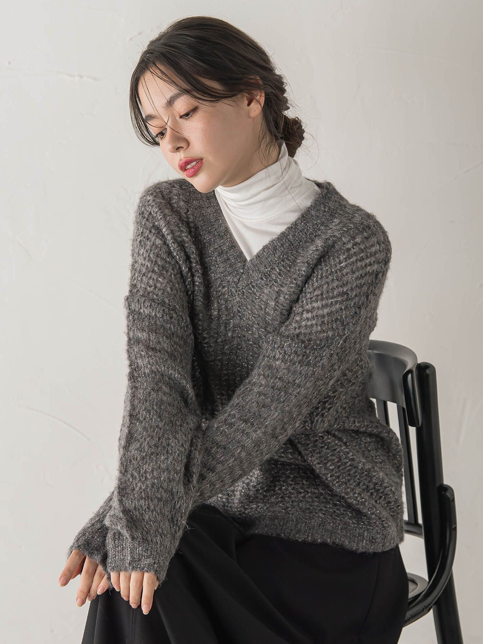 【WEB限定】モヘヤラメVネックショートプルオーバー≪手洗い可能≫