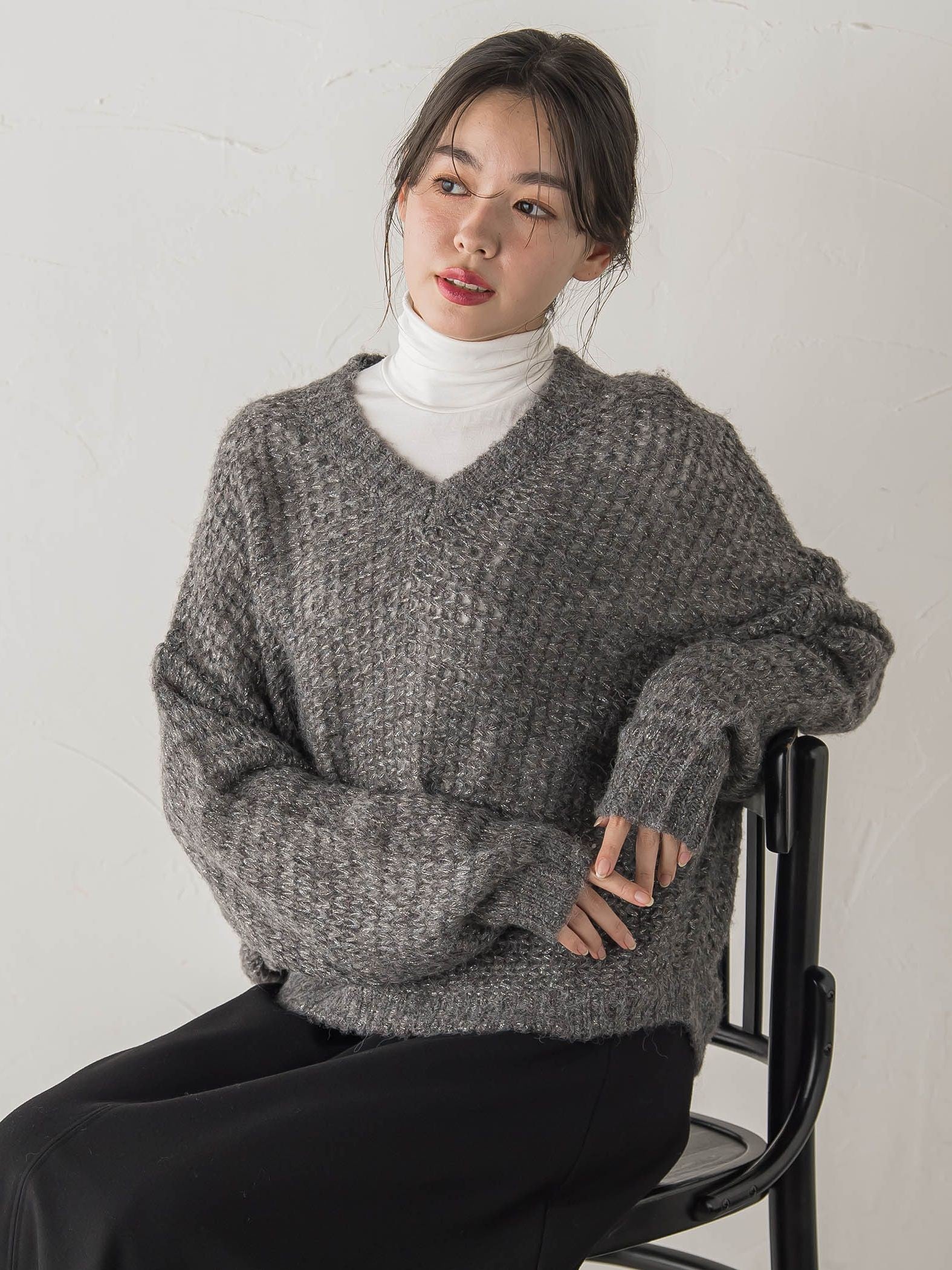 【WEB限定】モヘヤラメVネックショートプルオーバー≪手洗い可能≫