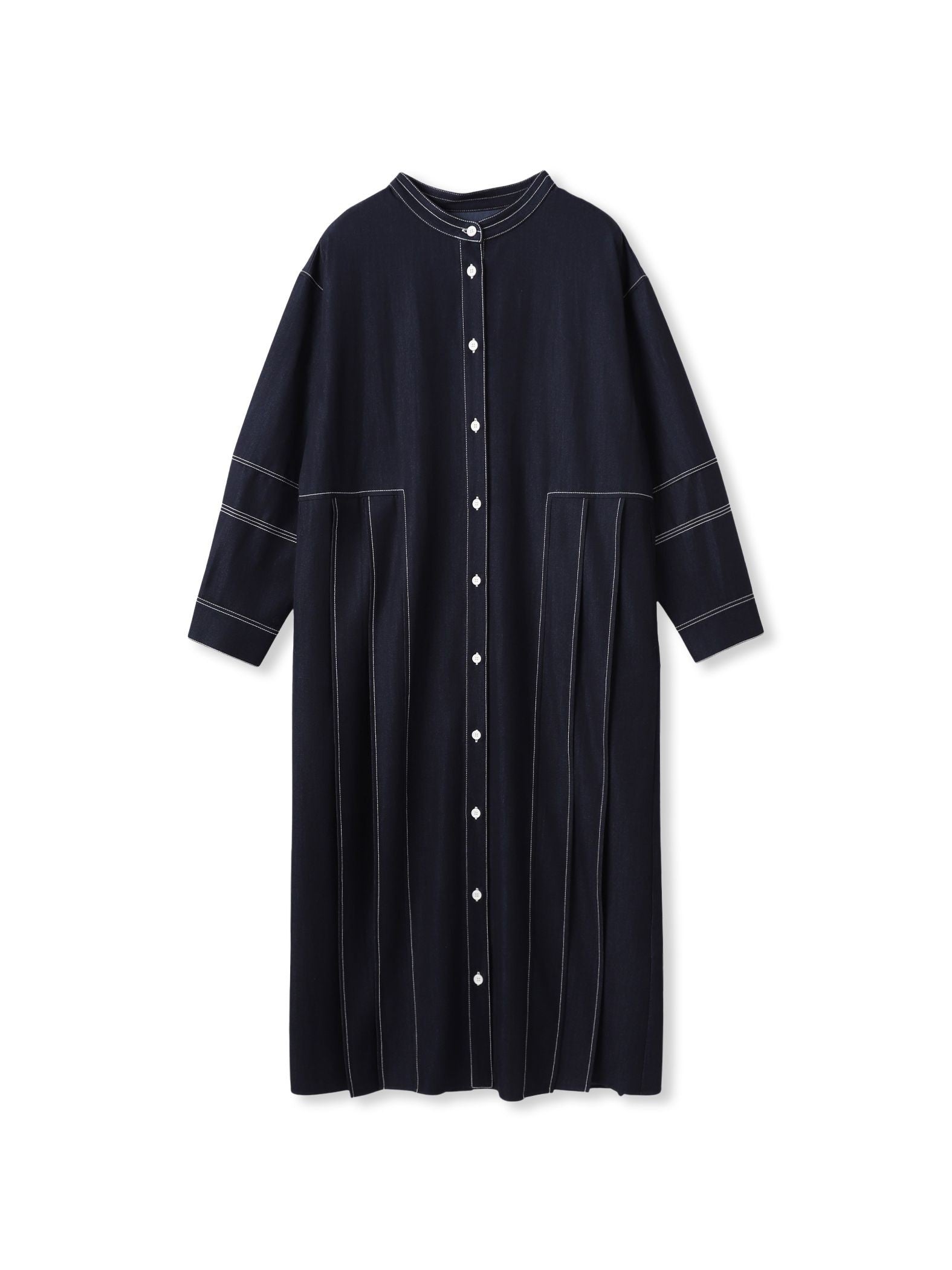 配色ステッチシャンブレーサイドプリーツワンピース≪手洗い可能≫