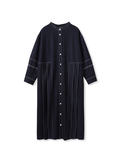 配色ステッチシャンブレーサイドプリーツワンピース≪手洗い可能≫