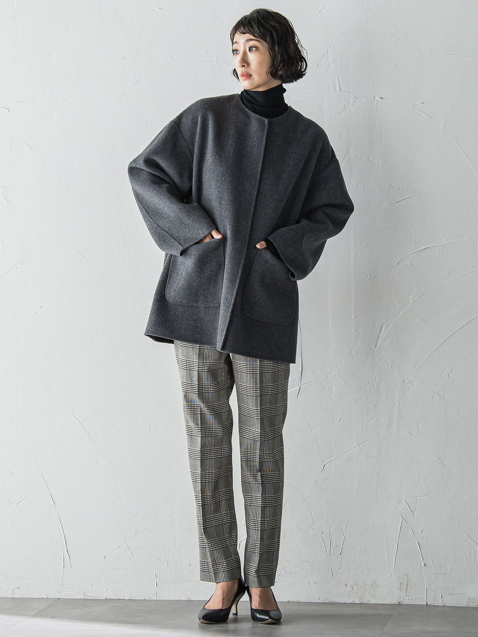 ノーカラーウールリバーコート