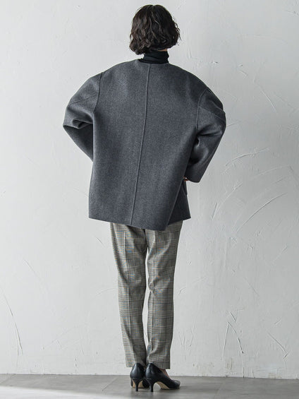 ノーカラーウールリバーコート