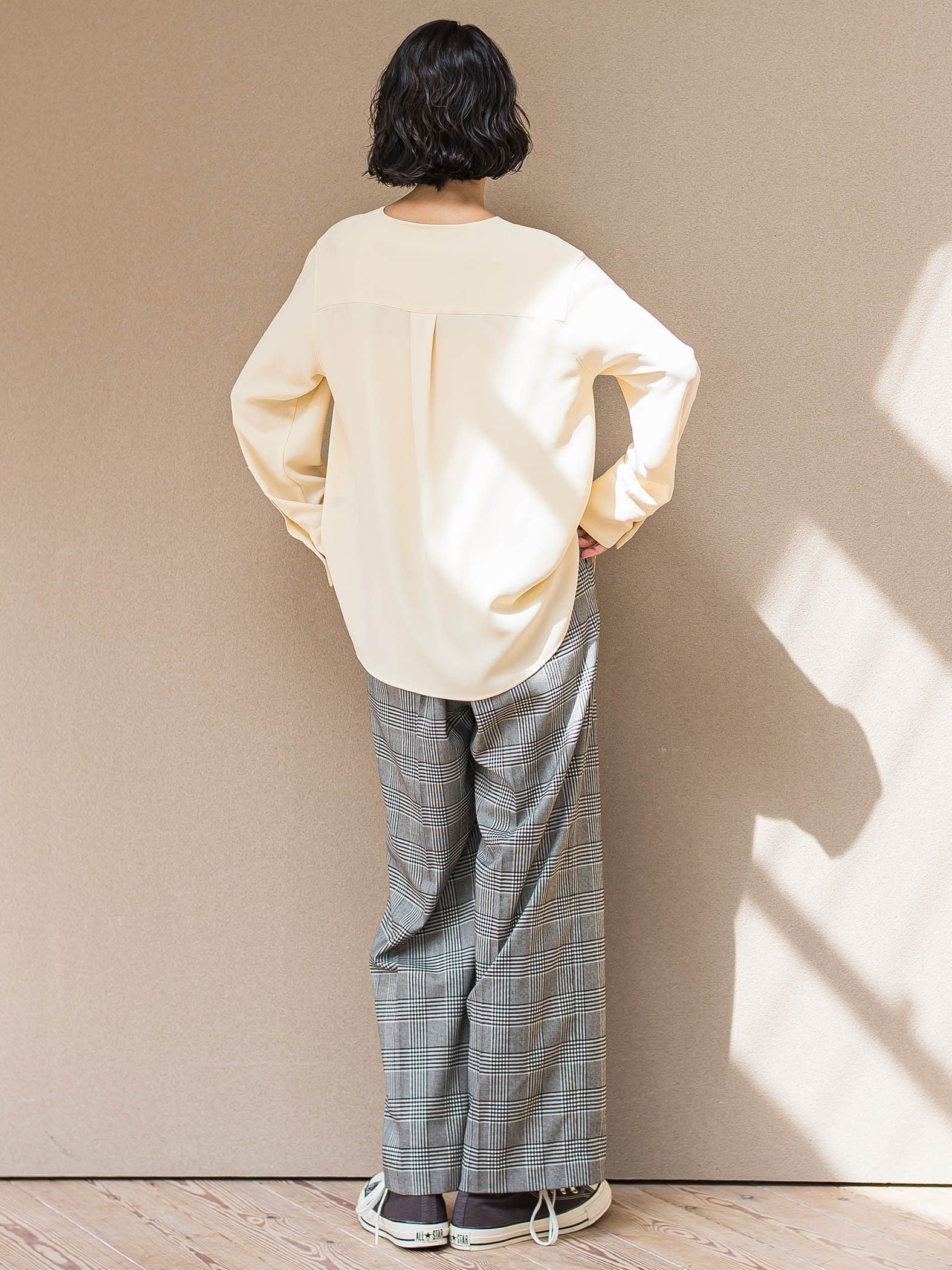 【大きいサイズ】メランジツイルノーカラーブラウス≪洗濯機で洗える≫