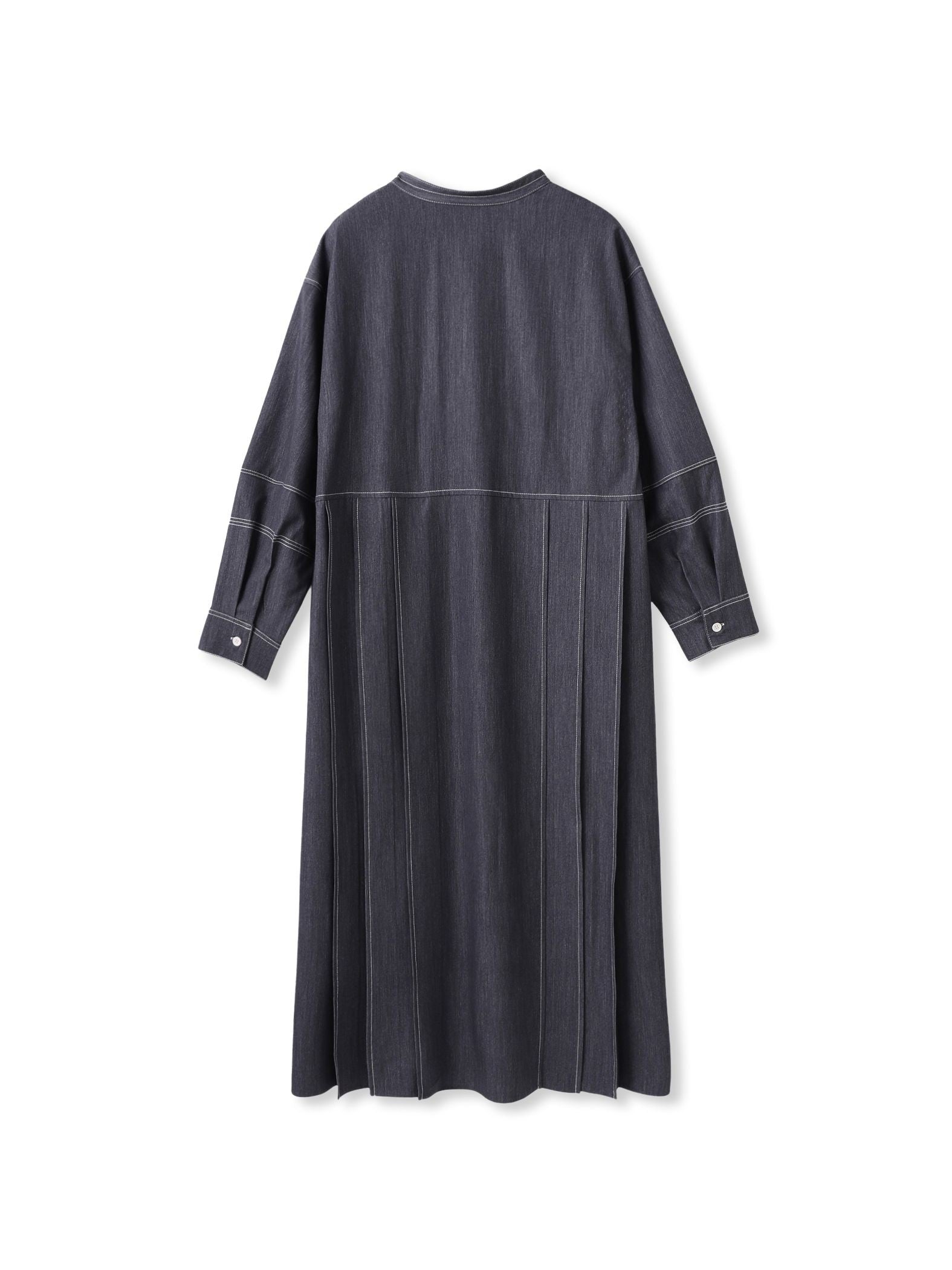 配色ステッチシャンブレーサイドプリーツワンピース≪手洗い可能≫