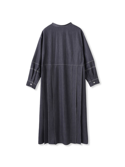 配色ステッチシャンブレーサイドプリーツワンピース≪手洗い可能≫