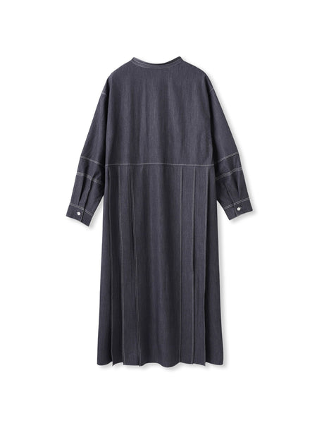 配色ステッチシャンブレーサイドプリーツワンピース≪手洗い可能≫
