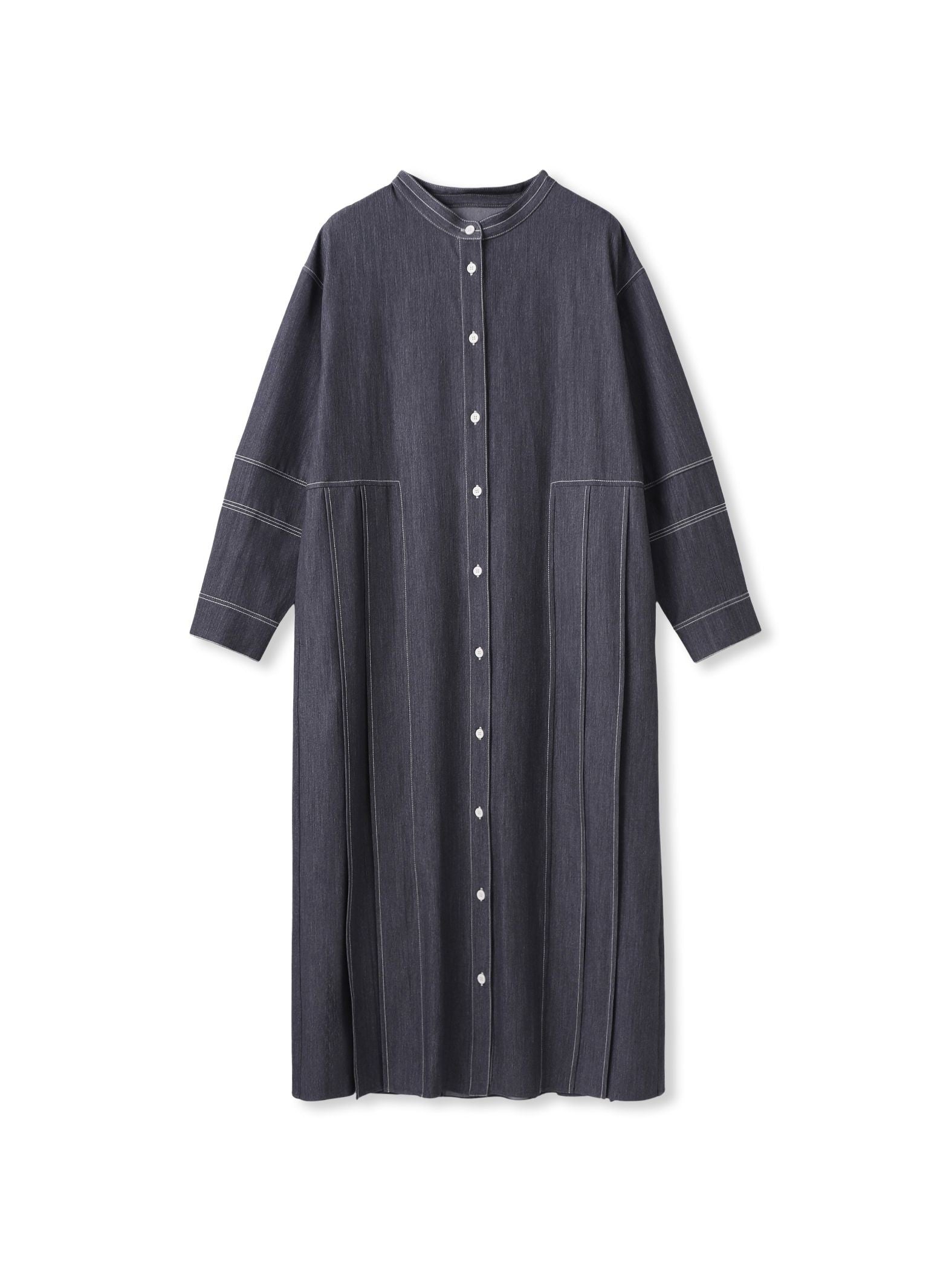 配色ステッチシャンブレーサイドプリーツワンピース≪手洗い可能≫