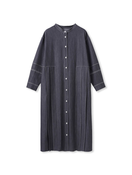 配色ステッチシャンブレーサイドプリーツワンピース≪手洗い可能≫