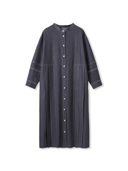 配色ステッチシャンブレーサイドプリーツワンピース≪手洗い可能≫