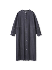 配色ステッチシャンブレーサイドプリーツワンピース≪手洗い可能≫