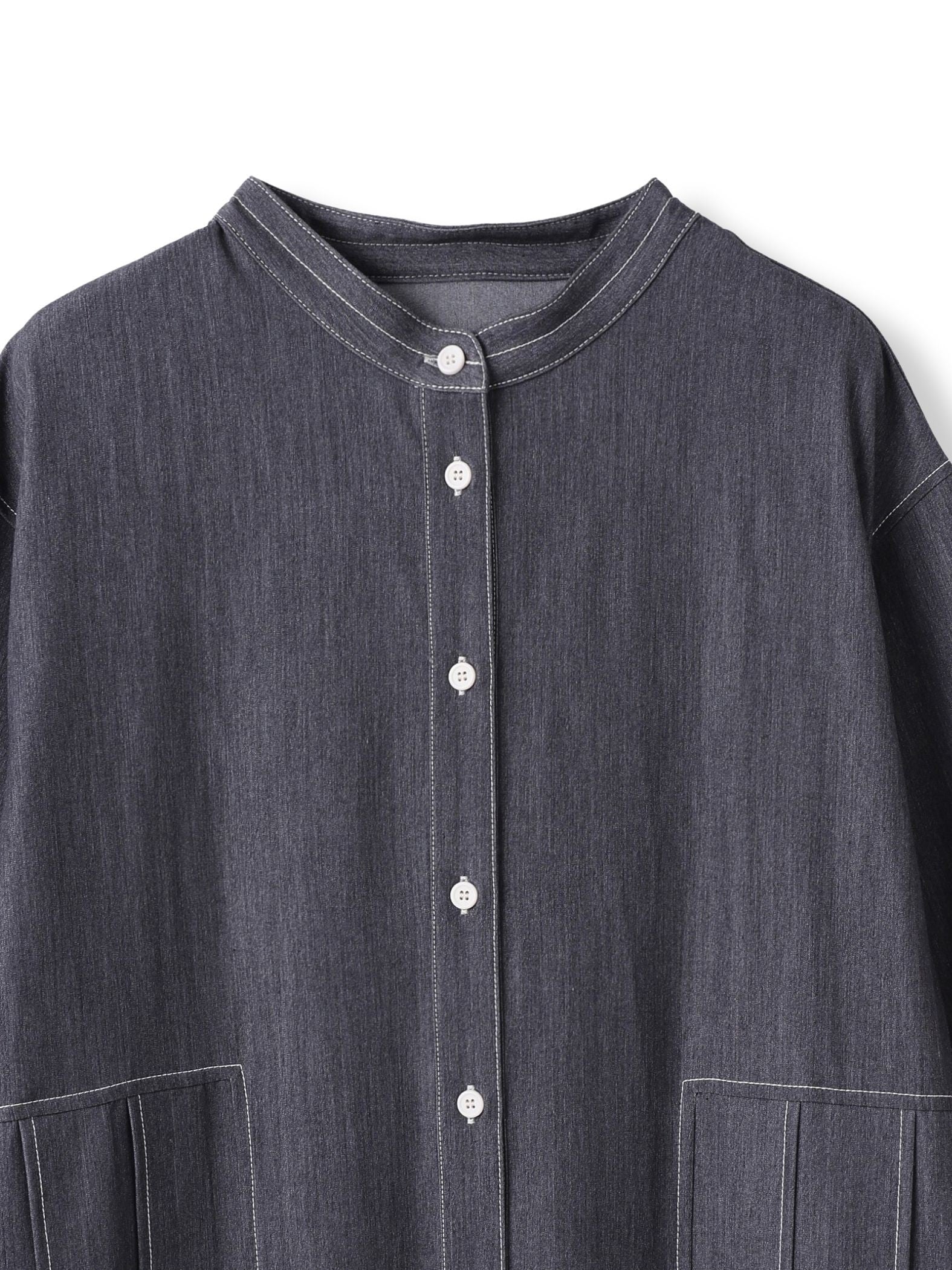 配色ステッチシャンブレーサイドプリーツワンピース≪手洗い可能≫