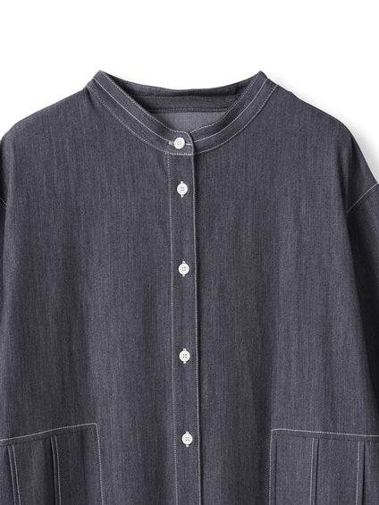 配色ステッチシャンブレーサイドプリーツワンピース≪手洗い可能≫