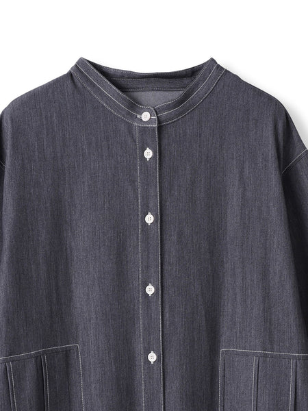 配色ステッチシャンブレーサイドプリーツワンピース≪手洗い可能≫