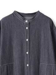 配色ステッチシャンブレーサイドプリーツワンピース≪手洗い可能≫