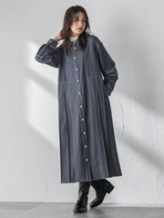 配色ステッチシャンブレーサイドプリーツワンピース≪手洗い可能≫