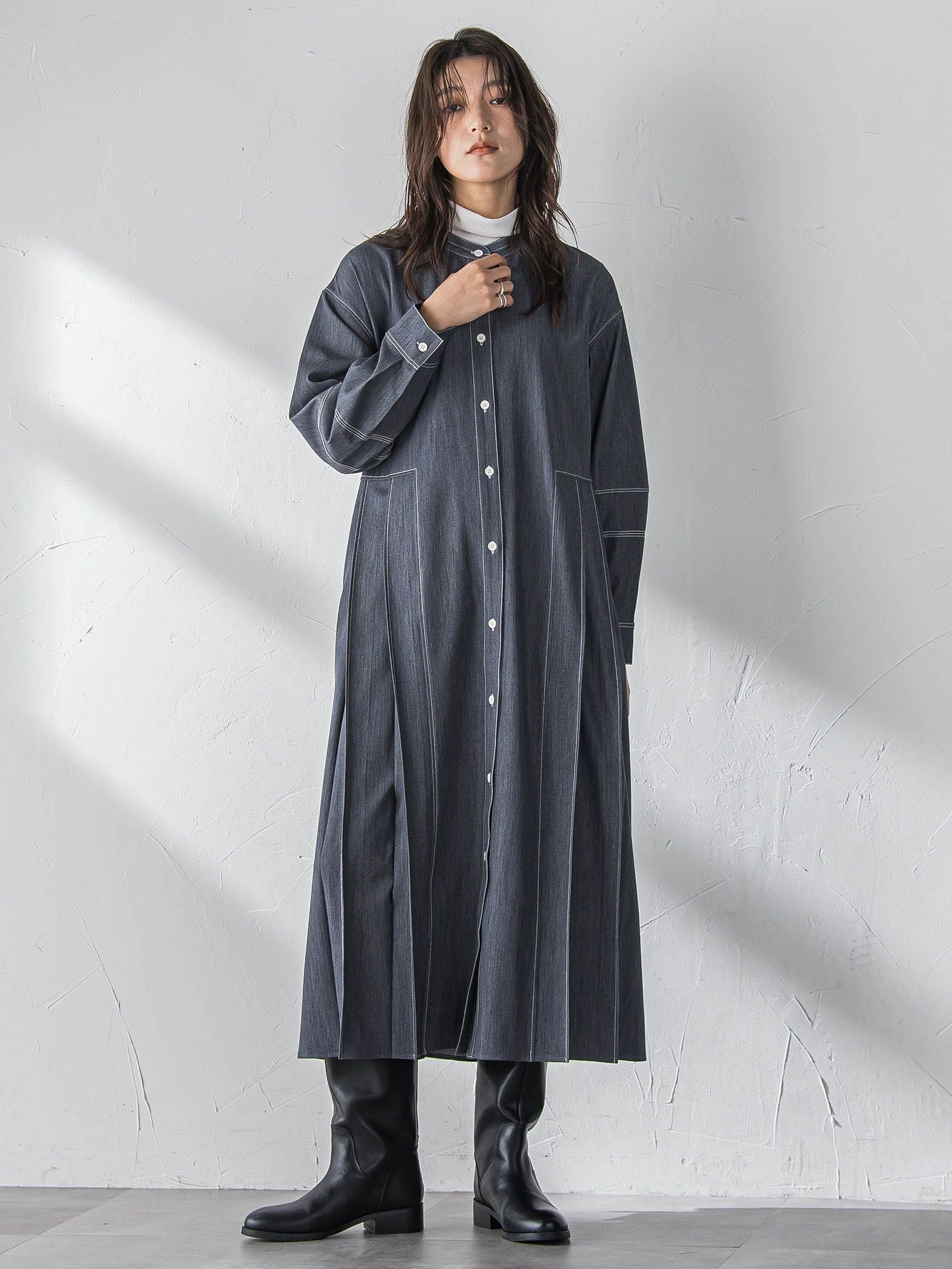 配色ステッチシャンブレーサイドプリーツワンピース≪手洗い可能≫