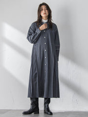 配色ステッチシャンブレーサイドプリーツワンピース≪手洗い可能≫