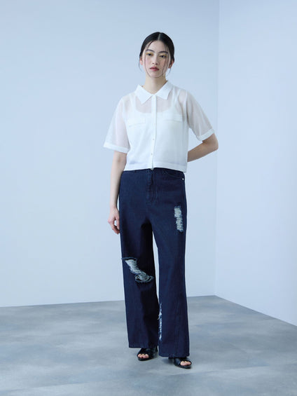 【大人の抜け感】デニムカットオフダメージパンツ