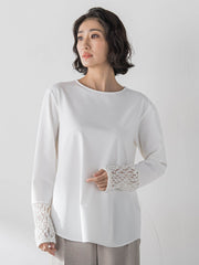 袖口レース切替カットソー