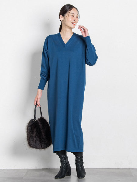 【WEB限定】Vネックニットワンピース≪丈長めあり/手洗い可能≫