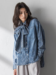 ボウタイ付きデニムシャツ≪洗濯機で洗える≫