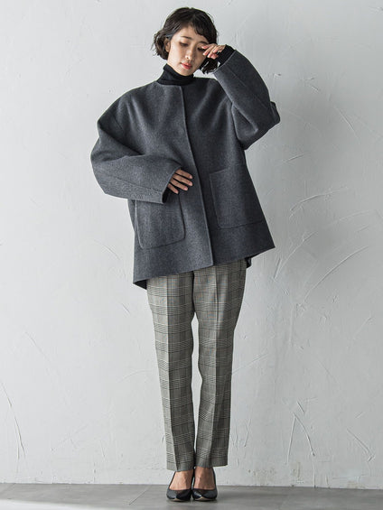 【大きいサイズ】ノーカラーウールリバーコート