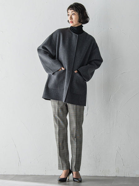 【大きいサイズ】ノーカラーウールリバーコート