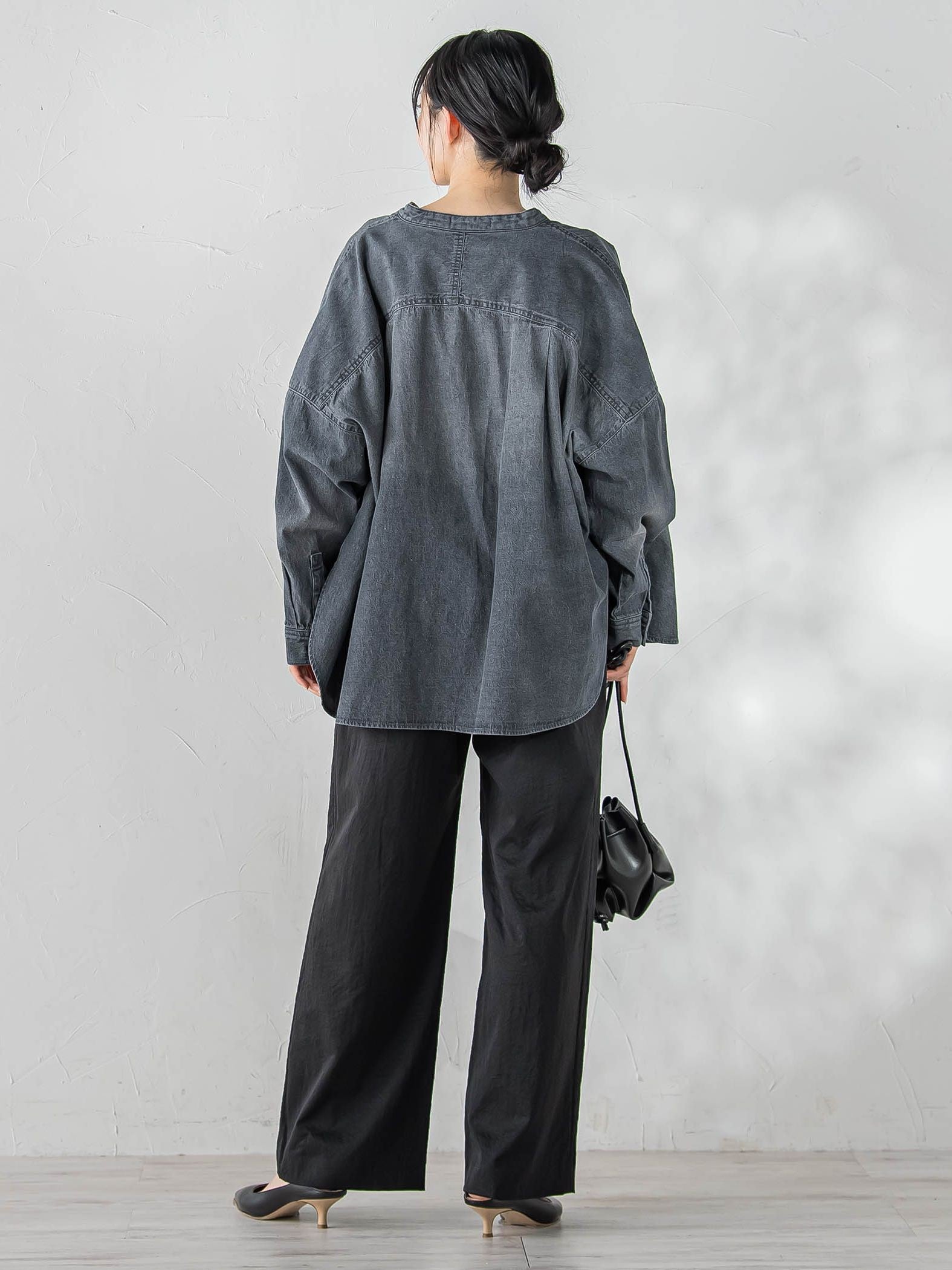 バンドカラーデニムシャツ≪洗濯機で洗える≫