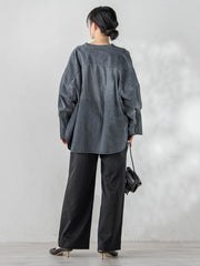 バンドカラーデニムシャツ≪洗濯機で洗える≫