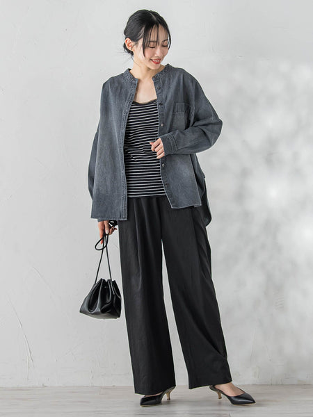 バンドカラーデニムシャツ≪洗濯機で洗える≫