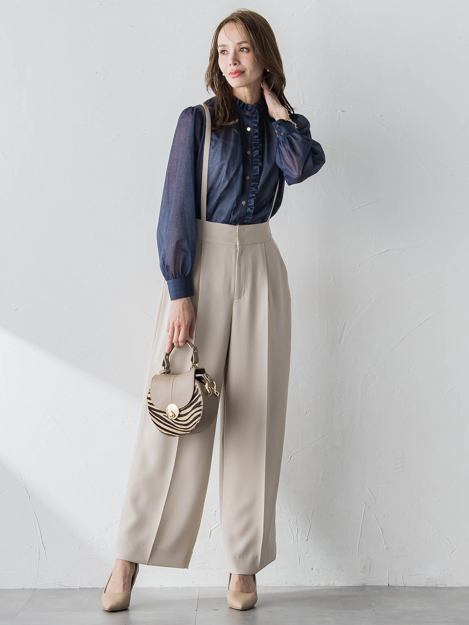 サスペンダー付きダブルサテンパンツ