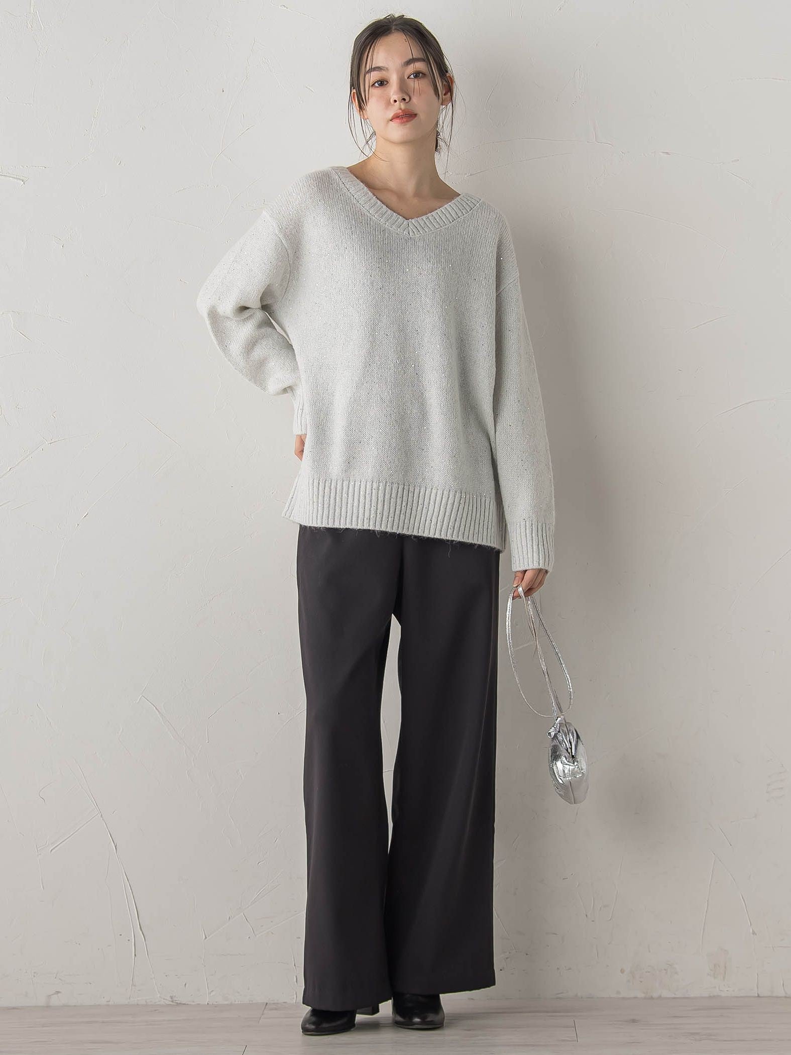 スパンコールVネックニット≪手洗い可能≫