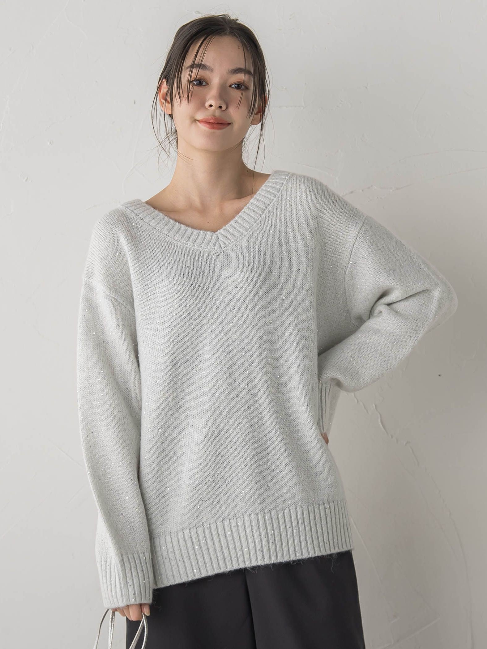 スパンコールVネックニット≪手洗い可能≫