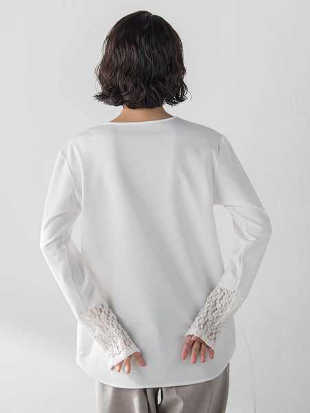 袖口レース切替カットソー