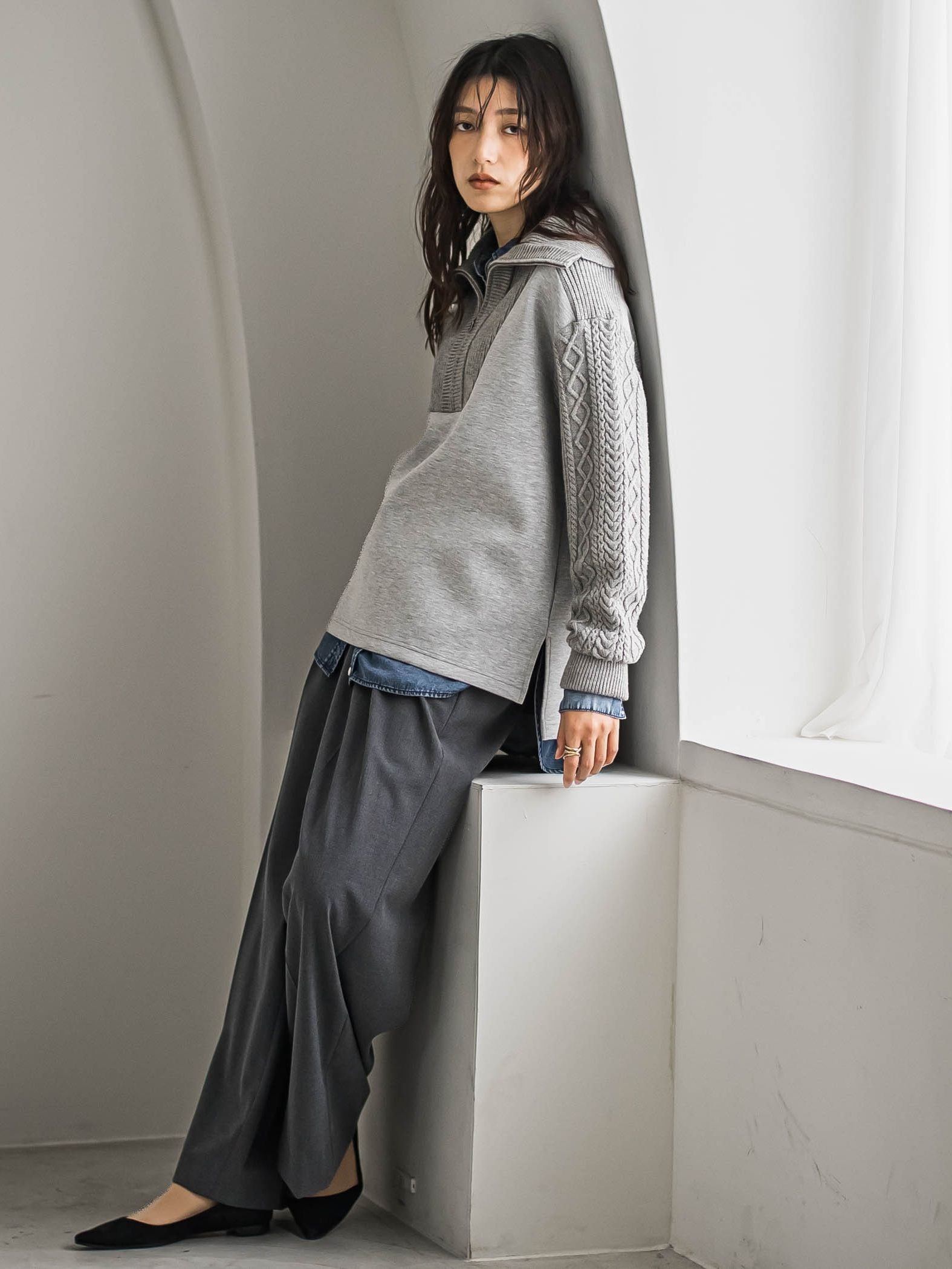 【40周年限定】ケーブルニットスリーブハーフZIPダンボールプルオーバー